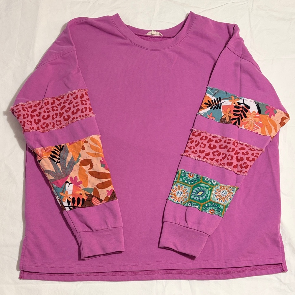 Easel Women’s Patchwork Sleeve Top, M, boho colorful